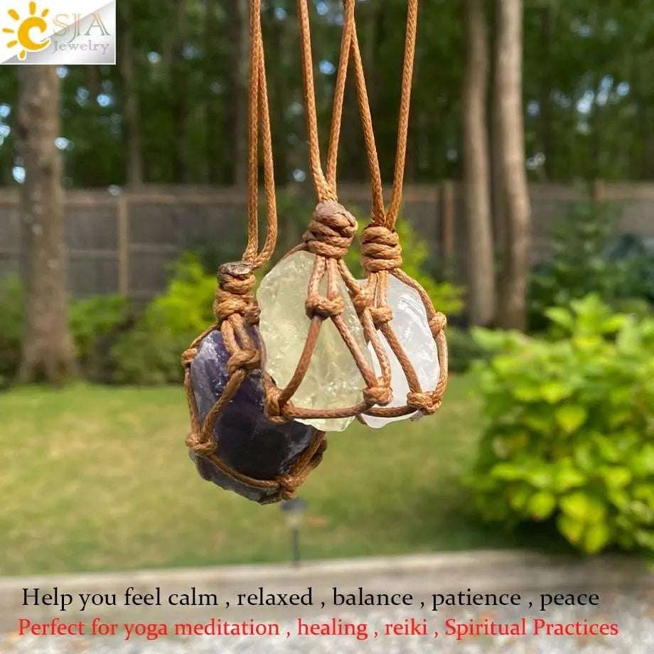 CSJA Healing Crystals Necklace Stone Gem Natural Stone Pendant Rope Wrap Necklace for Women Amethysts Rose Crystal Quartzs G317 - Mystic Oasis Gifts
