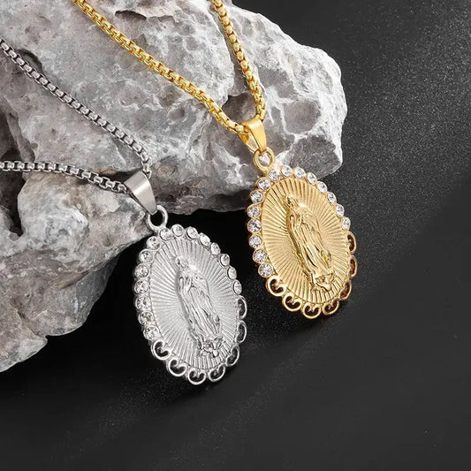 two pendants with a virgin mary on them