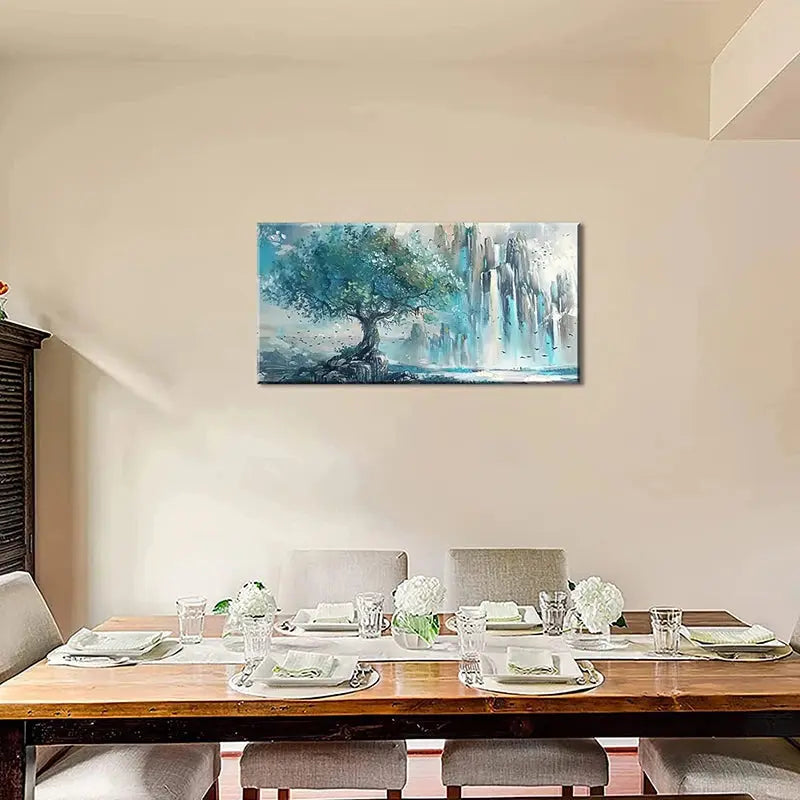Beautiful turquoise mountain wall art hung in a dining area, creating a tranquil atmosphere with nature themes.