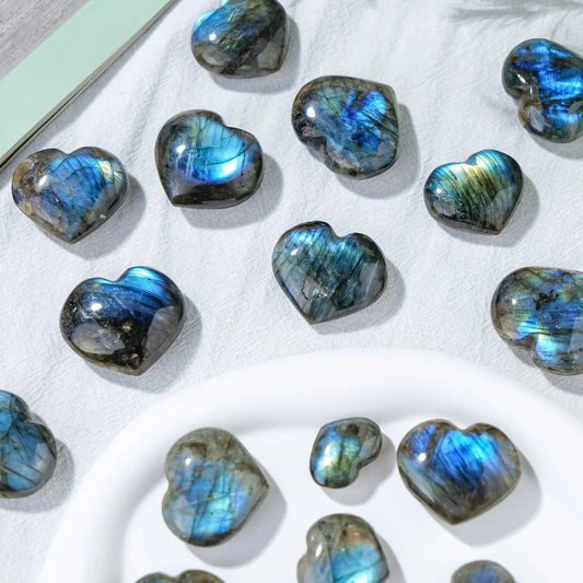 Beautifully crafted Natural Crystal Labradorite Stone Heart Shaped Blue Light Healing Gem - showcase your labradorite heart stone in home decor.