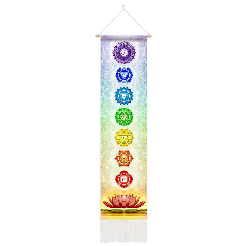 Colorful chakra symbol banner with a lotus flower at the bottom on a white background