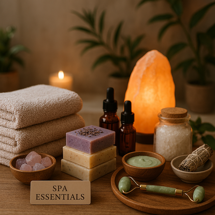 Spa Essentials towels, salt lamp, soaps on table