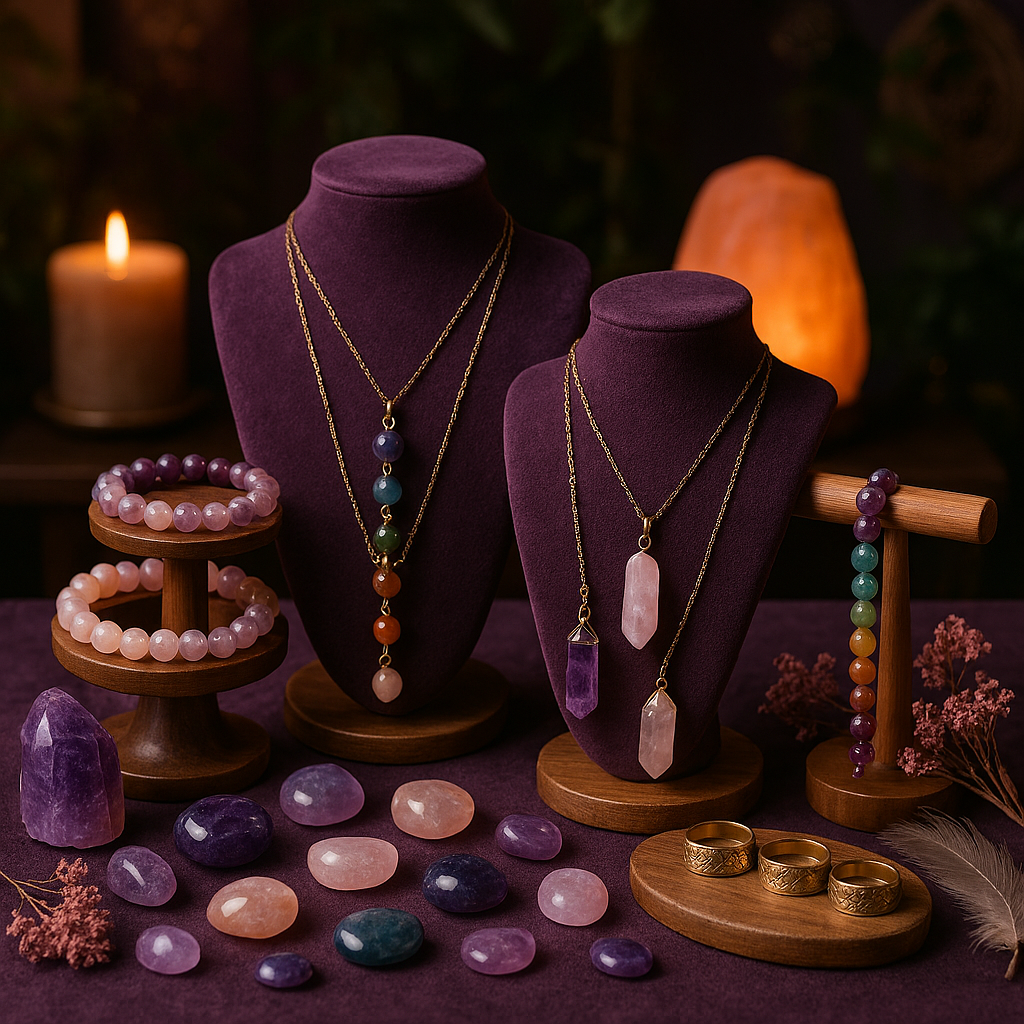 Jewelry display bracelets, necklaces, rings, gemstones