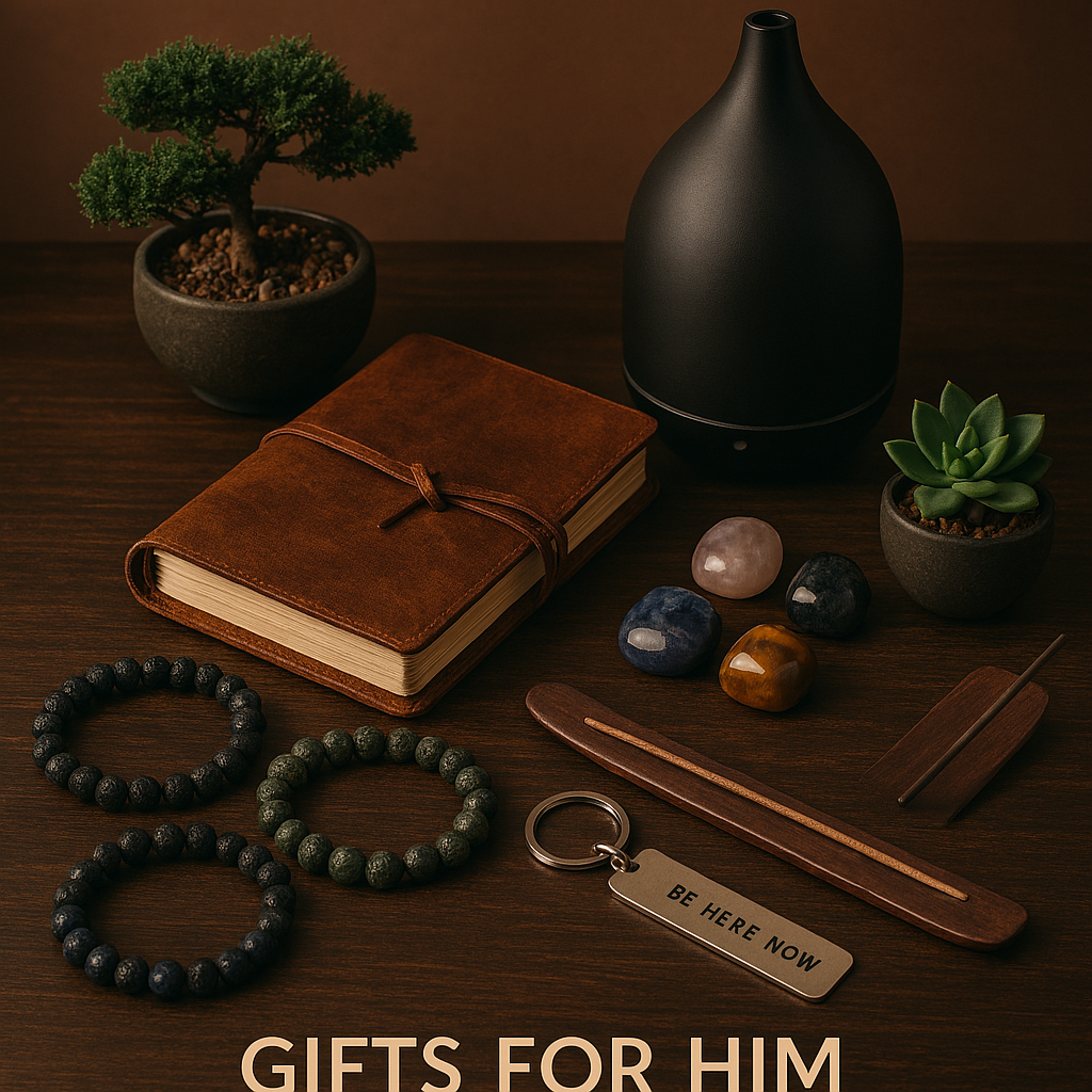 Gifts for Him gemstone bracelets, a leather-bound journal, a sleek essential oil diffuser, and meditation stones