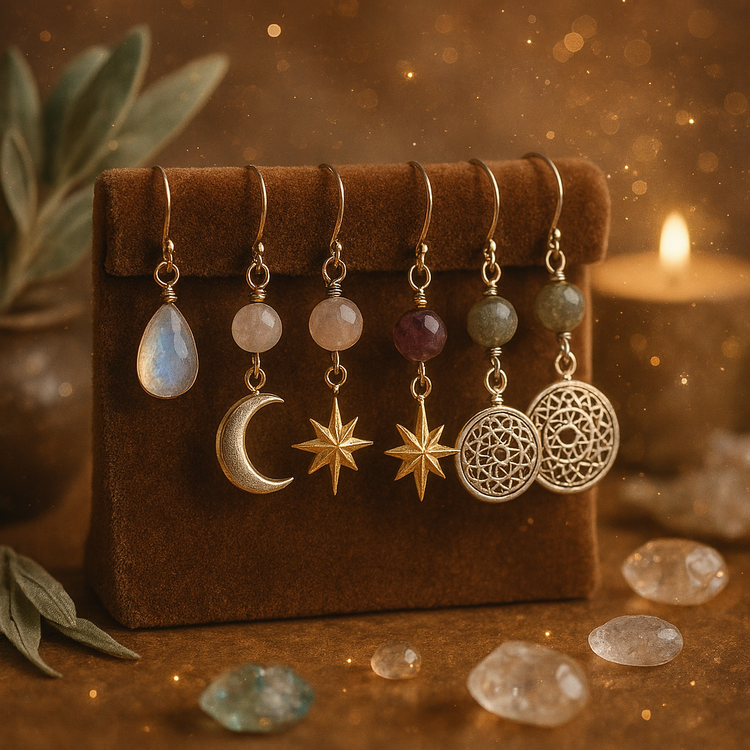 Display of earrings with gemstones and charms