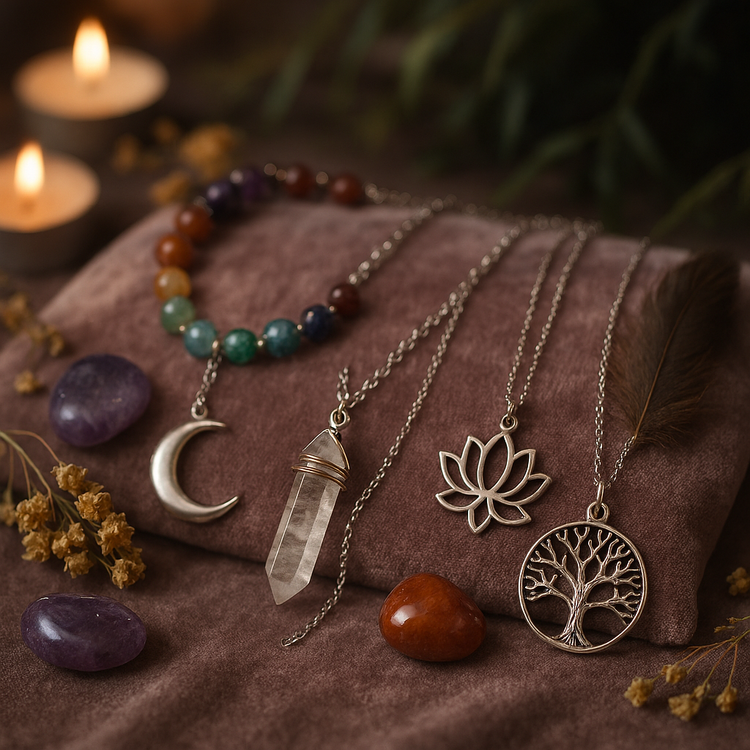 gemstone and metaphysical shaped necklaces on display