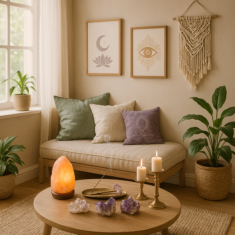 seating with three pillows, wall art hanging, candles, salt lamp, and gemstones sitting on coffee table