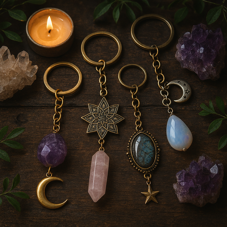 assorted keychains with symbols and gemstones