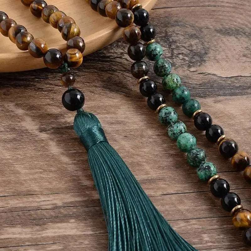 8mm Yellow Tiger Eyes Turquesa Africana Black Onyx Japamala Set Meditation Yoga Spirit Jewelry 108 Mala Beaded Tassel Necklace - Mystic Oasis Gifts