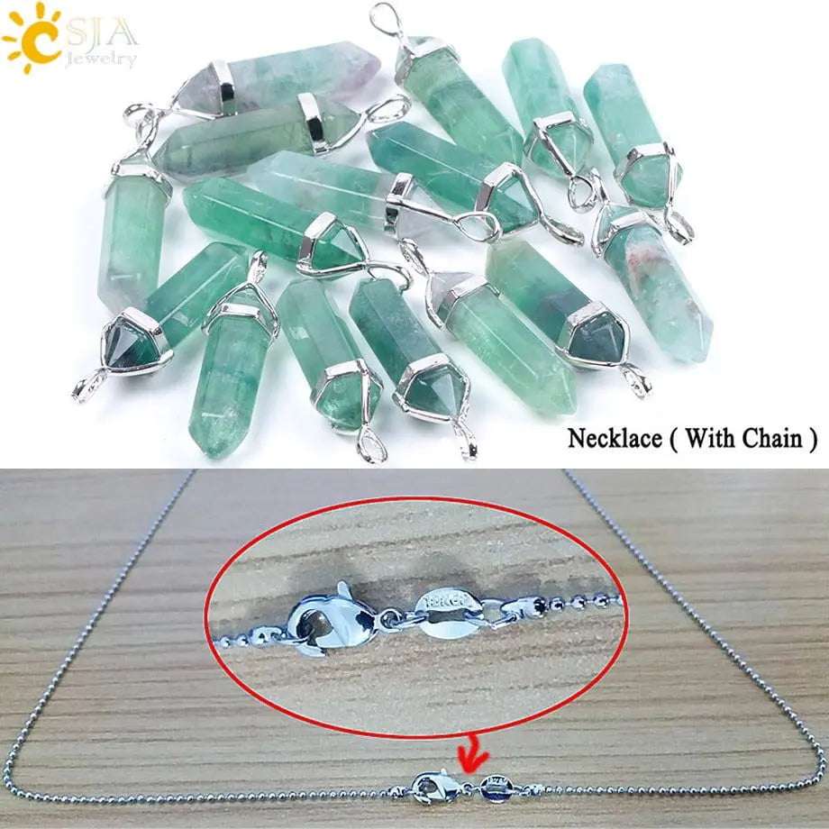CSJA Fluorite Necklaces Crystal Pendants Suspension Natural Gem Stone Quartz Bullet Hexagonal Pendulum Reiki Chakra pendulo E546 - Mystic Oasis Gifts