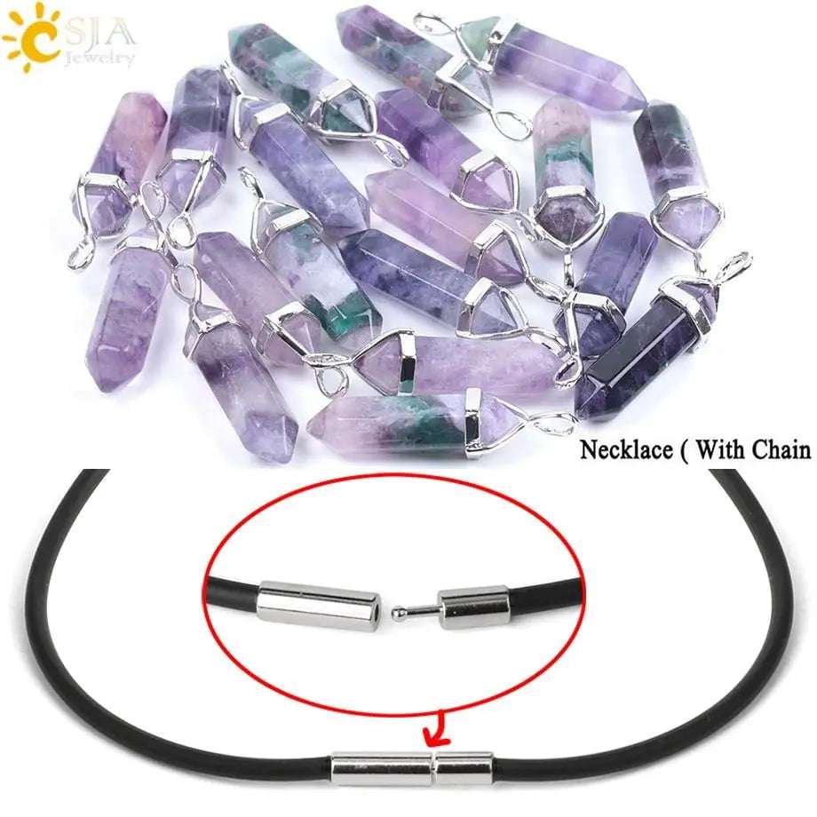 CSJA Fluorite Necklaces Crystal Pendants Suspension Natural Gem Stone Quartz Bullet Hexagonal Pendulum Reiki Chakra pendulo E546 - Mystic Oasis Gifts