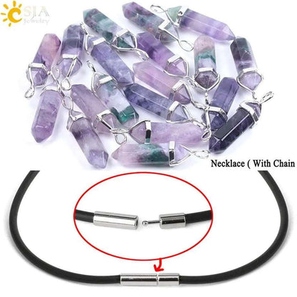 CSJA Fluorite Necklaces Crystal Pendants Suspension Natural Gem Stone Quartz Bullet Hexagonal Pendulum Reiki Chakra pendulo E546 - Mystic Oasis Gifts