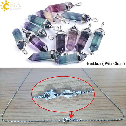 CSJA Fluorite Necklaces Crystal Pendants Suspension Natural Gem Stone Quartz Bullet Hexagonal Pendulum Reiki Chakra pendulo E546 - Mystic Oasis Gifts