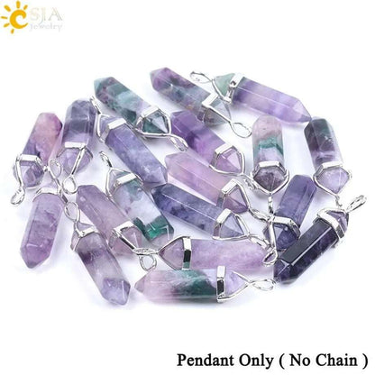 CSJA Fluorite Necklaces Crystal Pendants Suspension Natural Gem Stone Quartz Bullet Hexagonal Pendulum Reiki Chakra pendulo E546 - Mystic Oasis Gifts
