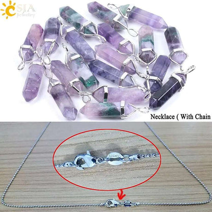 CSJA Fluorite Necklaces Crystal Pendants Suspension Natural Gem Stone Quartz Bullet Hexagonal Pendulum Reiki Chakra pendulo E546 - Mystic Oasis Gifts