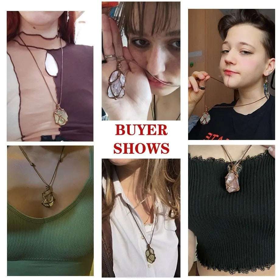 CSJA Healing Crystals Necklace Stone Gem Natural Stone Pendant Rope Wrap Necklace for Women Amethysts Rose Crystal Quartzs G317 - Mystic Oasis Gifts