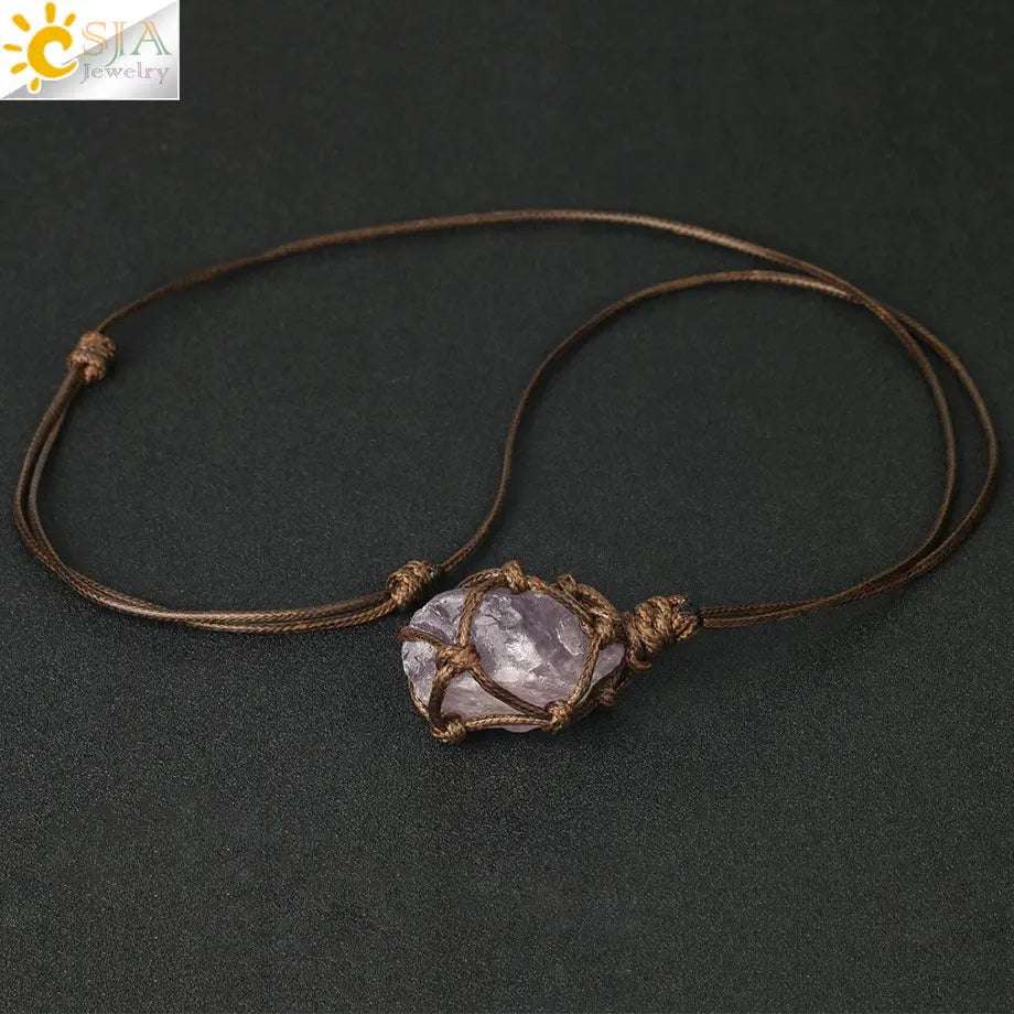 CSJA Healing Crystals Necklace Stone Gem Natural Stone Pendant Rope Wrap Necklace for Women Amethysts Rose Crystal Quartzs G317 - Mystic Oasis Gifts