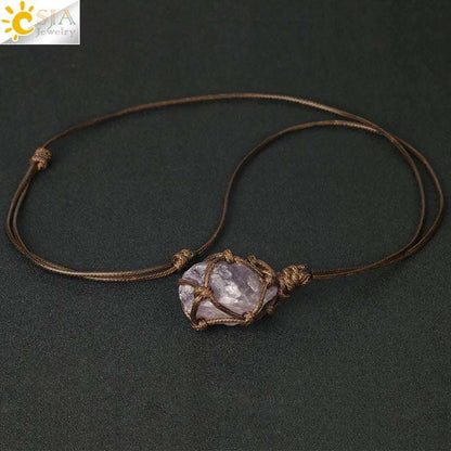 CSJA Healing Crystals Necklace Stone Gem Natural Stone Pendant Rope Wrap Necklace for Women Amethysts Rose Crystal Quartzs G317 - Mystic Oasis Gifts