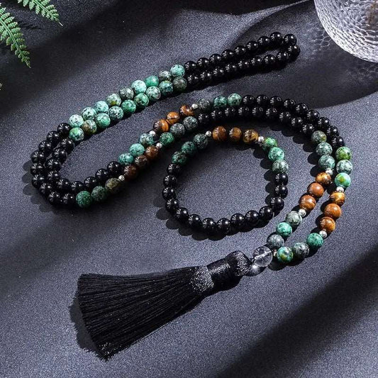 8mm African Turquoise Black Agate Yellow Tiger Eye Beads Japamala Necklace Bracelet Set Meditation Yoga Jewelry 108 Mala Rosary - Mystic Oasis Gifts