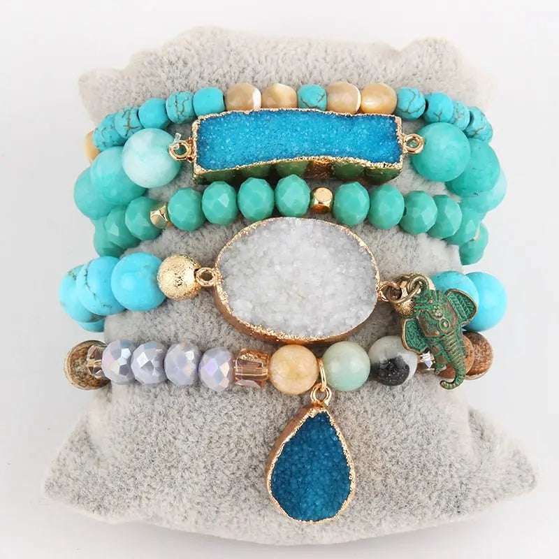 RH New Designer Boho Beaded Bracelet Set Natural Stone &amp; Druzy 5pc Bracelets Bangles Set For Fashion Jewelry 1