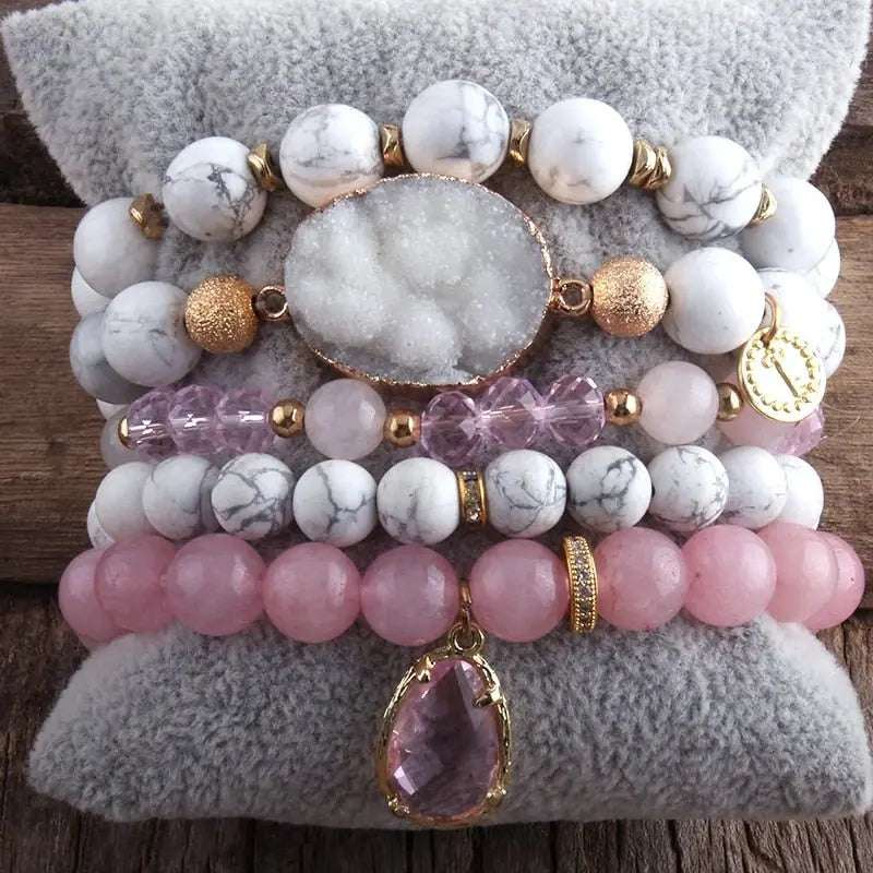 RH New Designer Boho Beaded Bracelet Set Natural Stone &amp; Druzy 5pc Bracelets Bangles Set For Fashion Jewelry 4