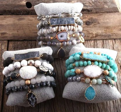 RH New Designer Boho Beaded Bracelet Set Natural Stone &amp; Druzy 5pc Bracelets Bangles Set For Fashion Jewelry 7