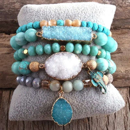 RH New Designer Boho Beaded Bracelet Set Natural Stone &amp; Druzy 5pc Bracelets Bangles Set For Fashion Jewelry 3