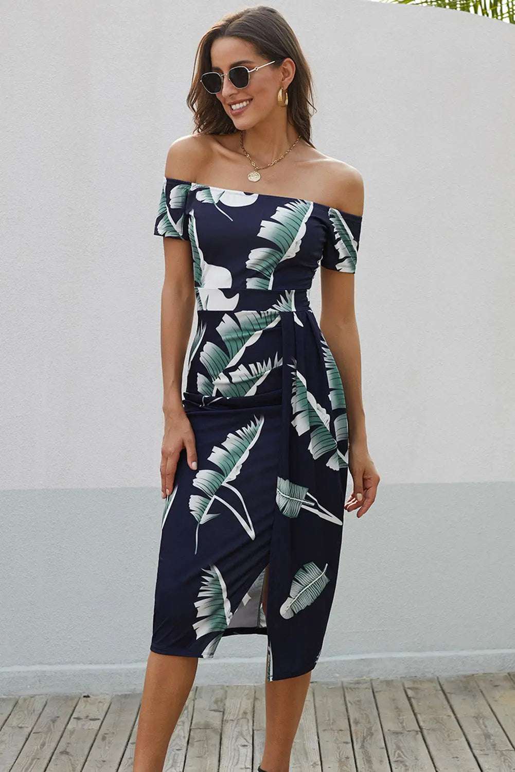 Navy Printed Off-Shoulder Split Dress