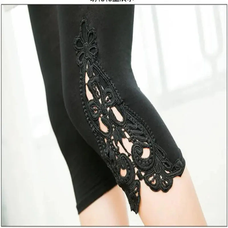 Chic Summer Capri Leggings For Women, XS-7XL Sizes, Lace Hollow Trim - Essential summer capri leggings for your wardrobe.