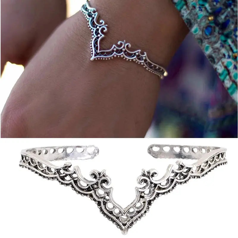 Vintage Tribal Cuff Bracelet - Elegant open hollow design featuring unique ethnic carvings, perfect for women.