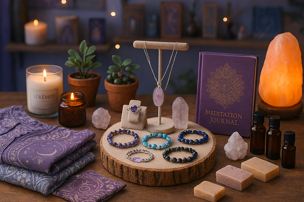 Tabletop display with jewelry, candles, and a meditation journal in a cozy room setting.
