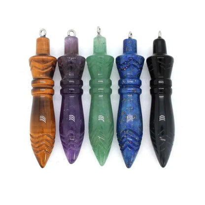 Healing Crystal Pendulum with 7 Chakra Stones - Side angle showing the detailed craftsmanship of the natural quartz pendant.