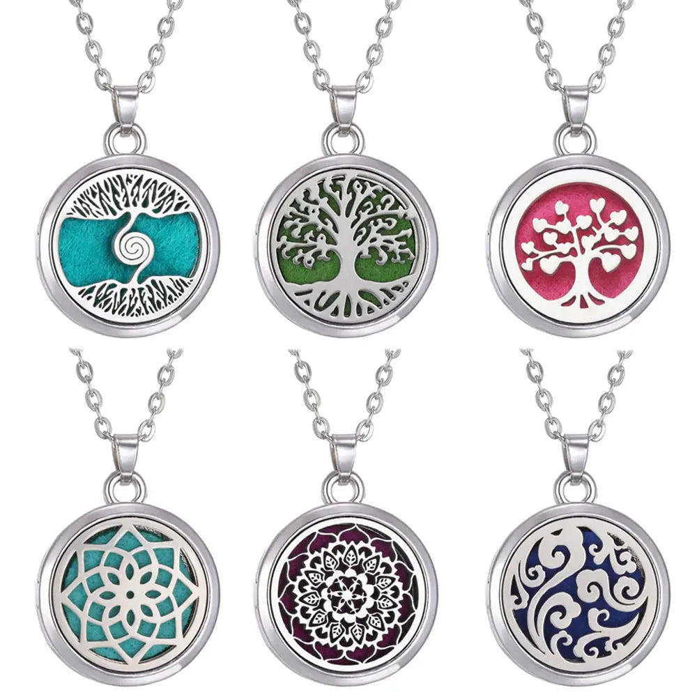 Tree of Life Aromatherapy Necklace Perfume Essential Oil Diffuser Open Stainless Steel Locket Pendant Aroma Diffuser Necklace - stainless steel aroma necklace