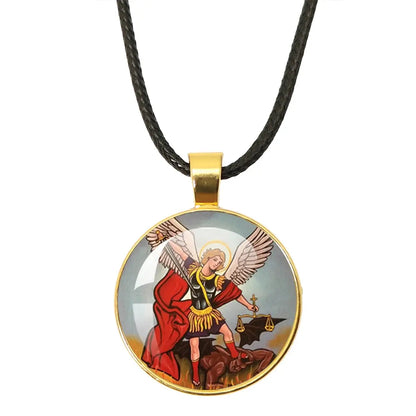 Elegant display of the St. Michael Archangel Protection Necklace - Divine Shield Pendant on a decorative stand.