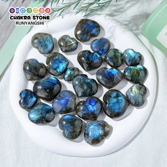 Natural Crystal Labradorite Stone Heart Shaped Blue Light Healing Gem - Unique labradorite heart stone decoration ideal for aquariums.