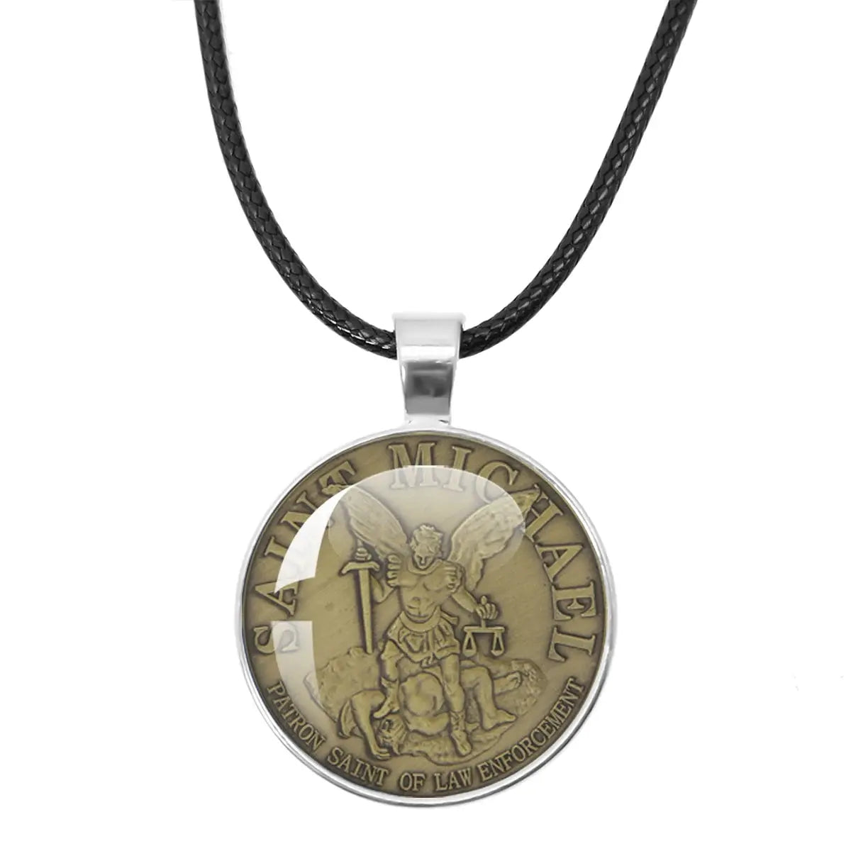St. Michael Archangel Protection Necklace - Divine Shield Pendant on a leather background to enhance texture.