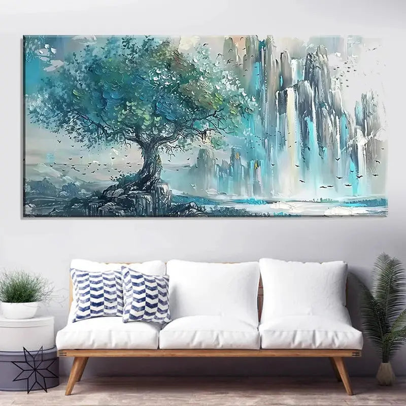 Stunning turquoise mountain wall art featuring a lush tree and cascading waterfalls, perfect for home decor.