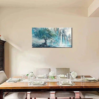 Beautiful turquoise mountain wall art hung in a dining area, creating a tranquil atmosphere with nature themes.