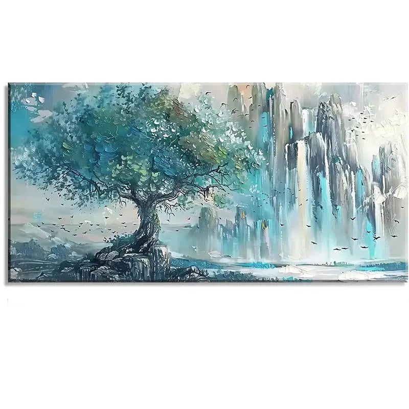 Artistic turquoise mountain wall art with a detailed tree and scenic background, suitable for various interior styles.