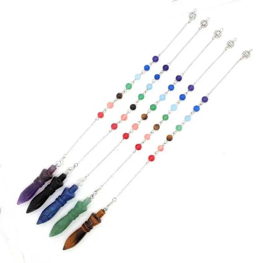 Healing Crystal Pendulum with 7 Chakra Stones - Display of the pendulum with a silver-plated chain, perfect for wearing as spiritual jewelry.