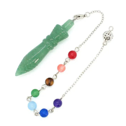 Healing Crystal Pendulum with 7 Chakra Stones - Angled view showcasing the unique scepter design and various chakra stones.
