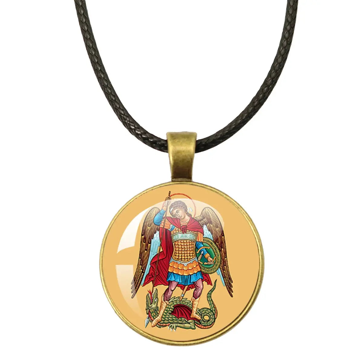 The St. Michael Archangel Protection Necklace - Divine Shield Pendant with leather rope chain against a serene backdrop.