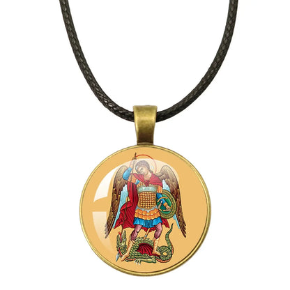 The St. Michael Archangel Protection Necklace - Divine Shield Pendant with leather rope chain against a serene backdrop.