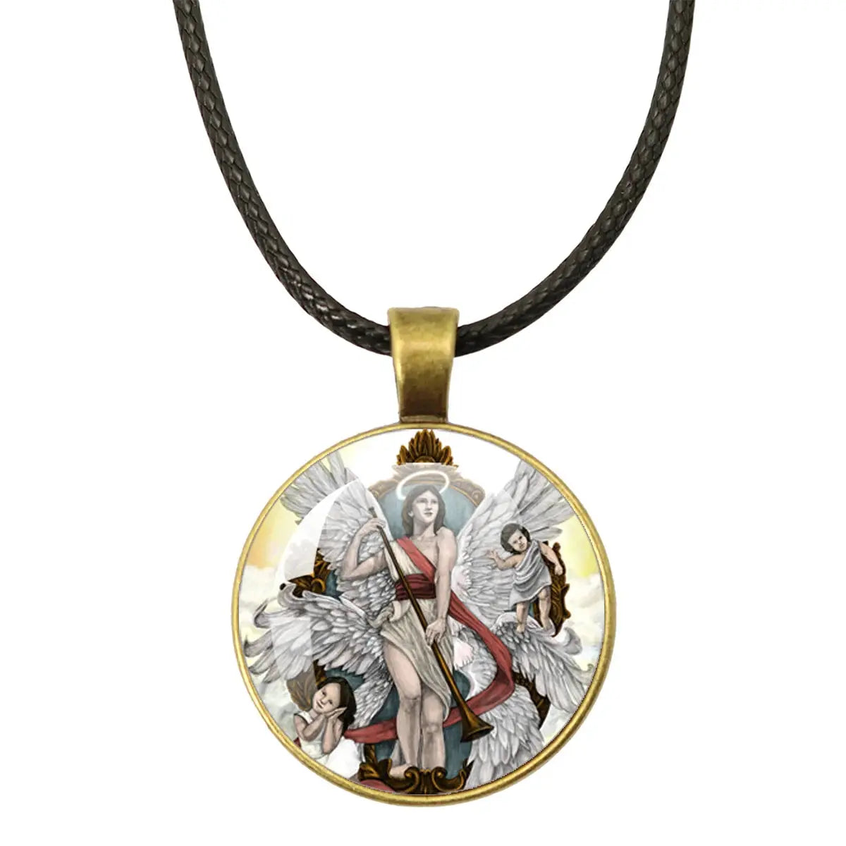 St. Michael Archangel Protection Necklace - Divine Shield Pendant photographed with spiritual symbols in the background.