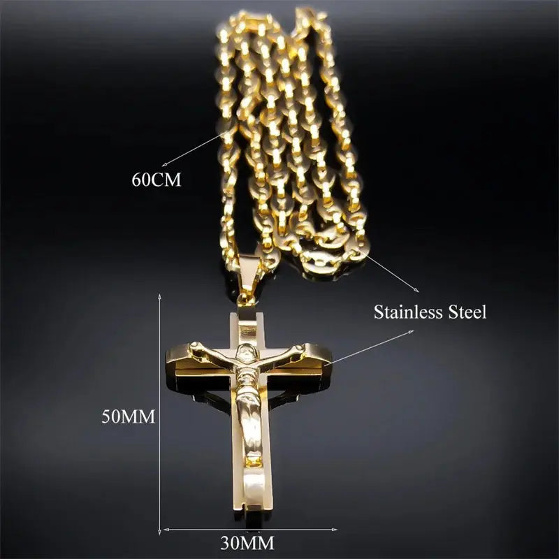 a gold cross necklace with measurements on it