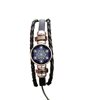 Unisex leather chakra wristband styled as the Metatron Cube Sacred Geometry Bracelet, suitable for both men and women.