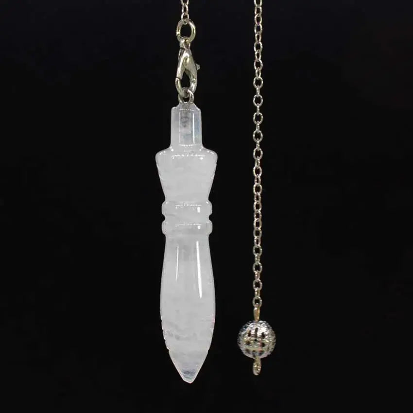 Healing Crystal Pendulum with 7 Chakra Stones - Unique depiction of the pendulum suspended in air, showcasing its balance and beauty.