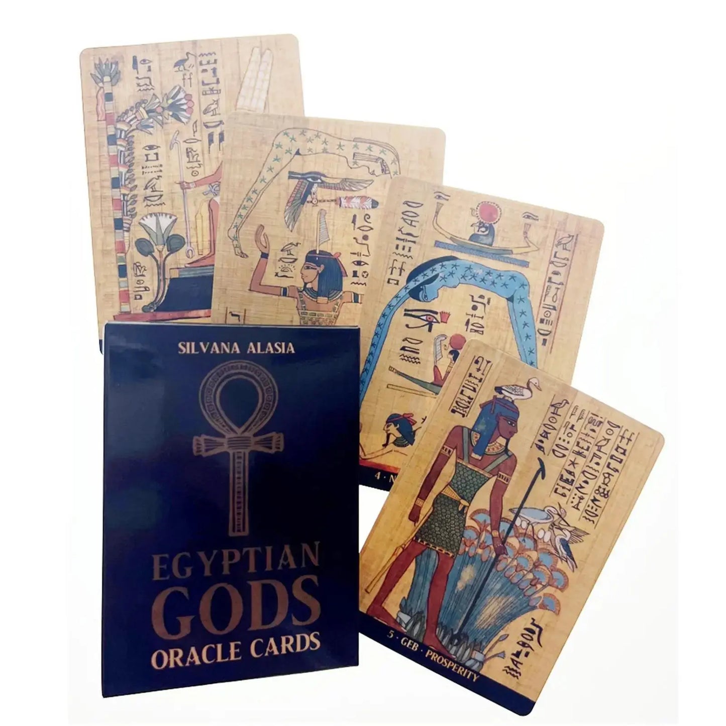 The full set of Egyptian Gods Oracle Cards displayed alongside a guidebook, illustrating the components of the 36 Card Deck by Silvana Alasia, essential for beginners of Egyptian oracle cards.