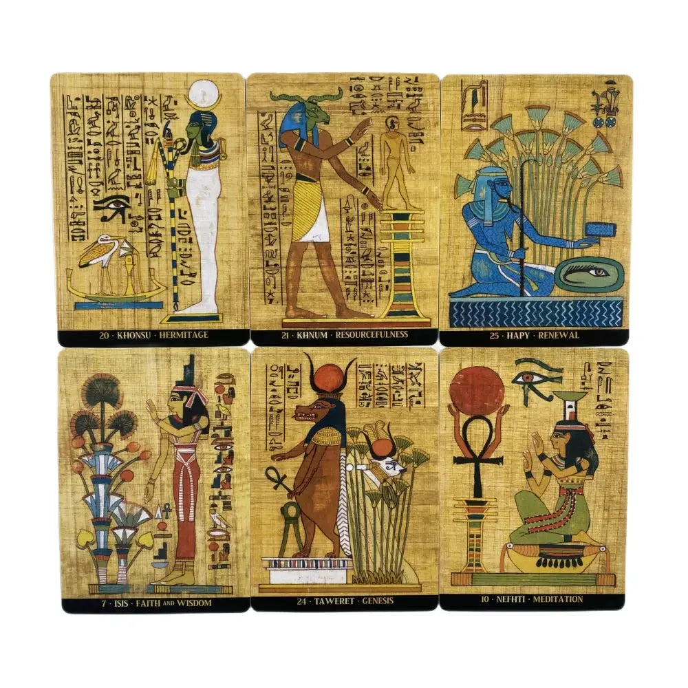 An array of Egyptian Gods Oracle Cards spread out, highlighting the beautiful designs and intricate details, perfect for beginners and collectors of Egyptian oracle cards.