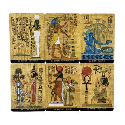 An array of Egyptian Gods Oracle Cards spread out, highlighting the beautiful designs and intricate details, perfect for beginners and collectors of Egyptian oracle cards.